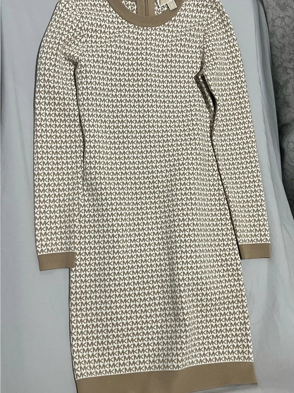 Michael Kors Taupe and Cream Logo Knit Long-Sleeve Dress